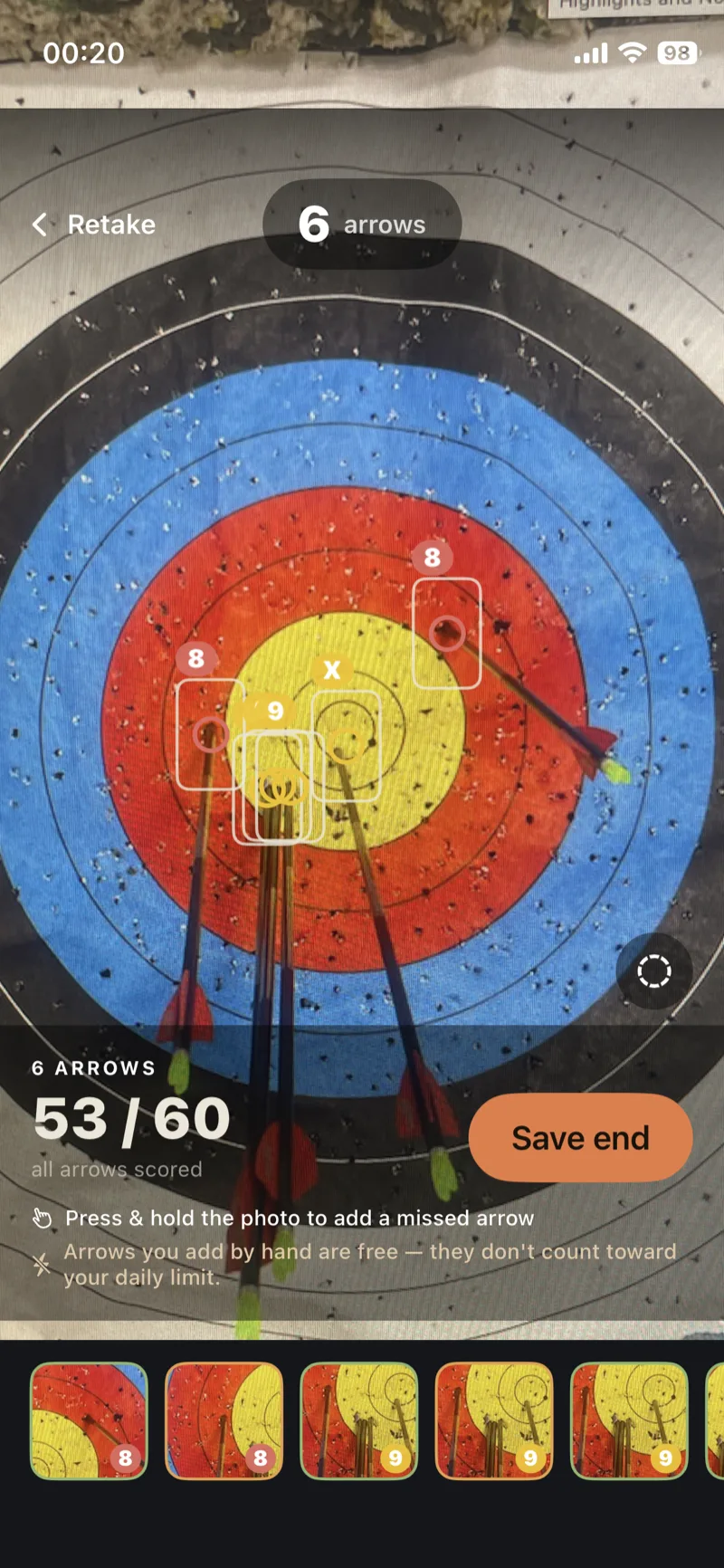 Arrow Tempo camera scoring review — six arrows detected and scored on the target face, 53/60, with a tap to add any the AI missed before saving the end.