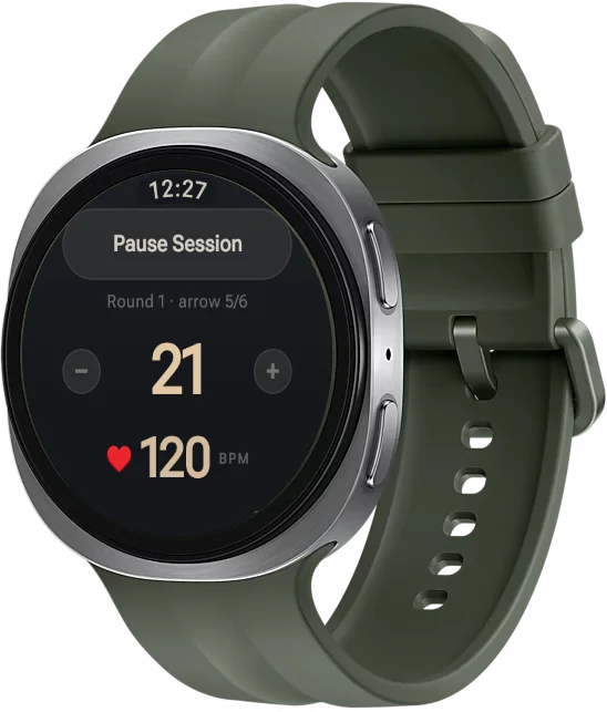 Arrow Tempo on a Galaxy Watch running Wear OS — 21 arrows, round 1, heart rate 120 bpm.