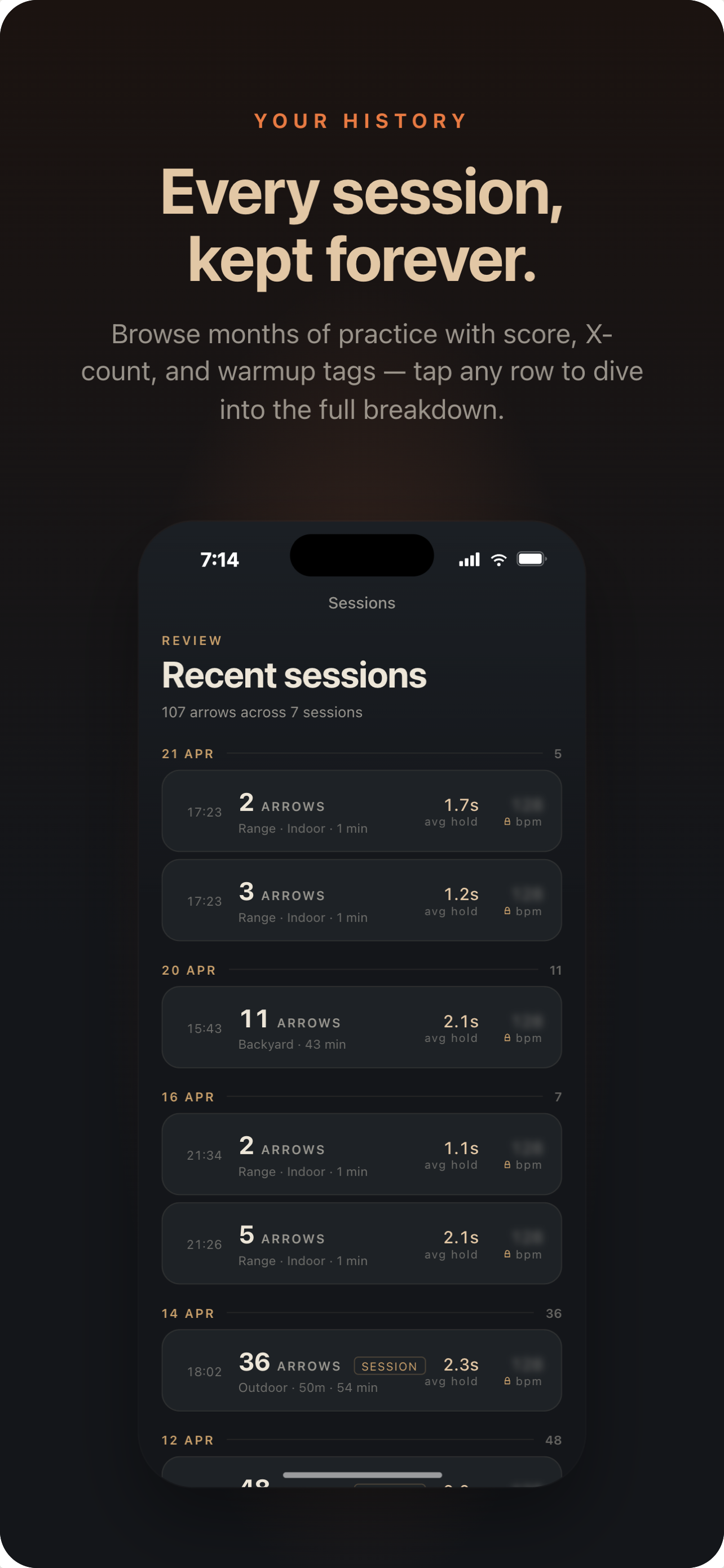 Session history list with scores, X-count and warmup tags