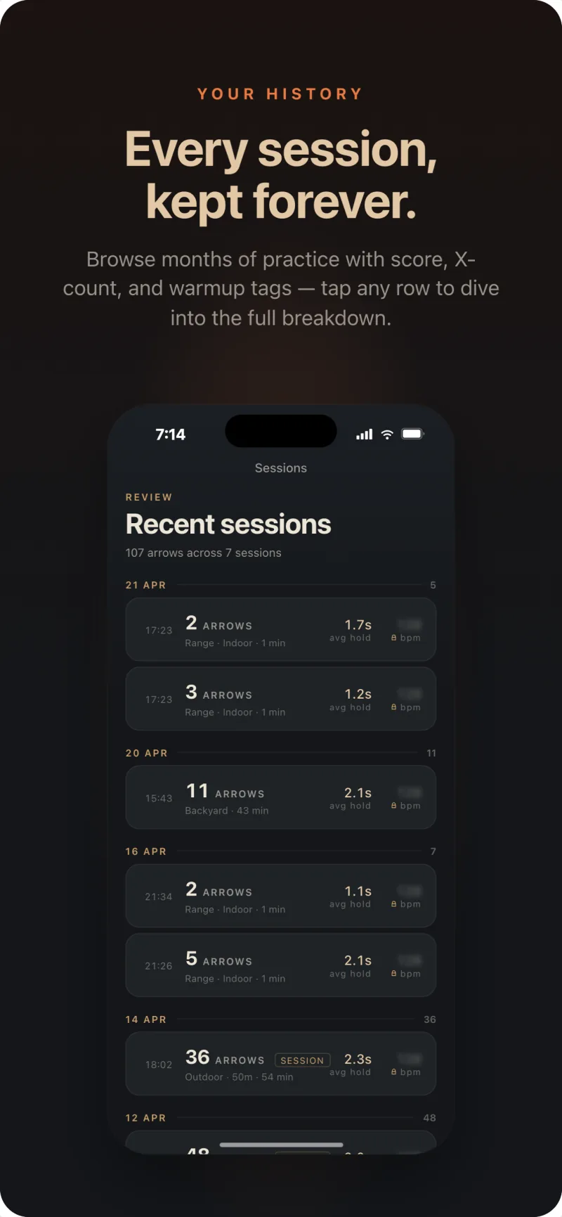 Arrow Tempo session history on iPhone — date-grouped archery sessions with scores and the bow used.