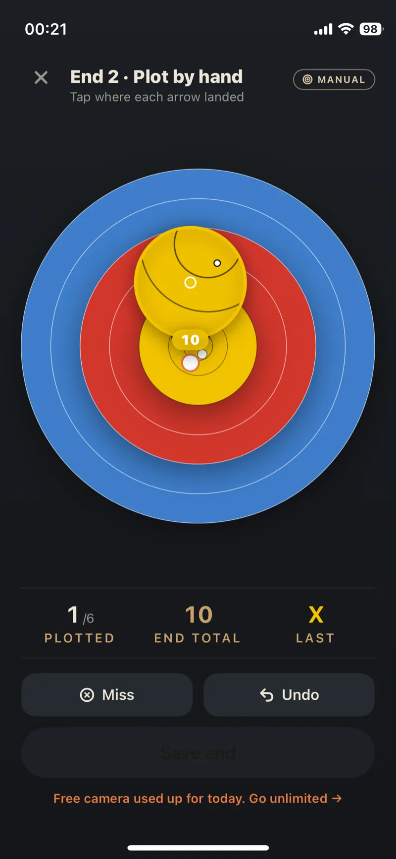 Arrow Tempo manual plotting — tap where each arrow landed on a full target face, always free, after the day's free camera arrows are used up.