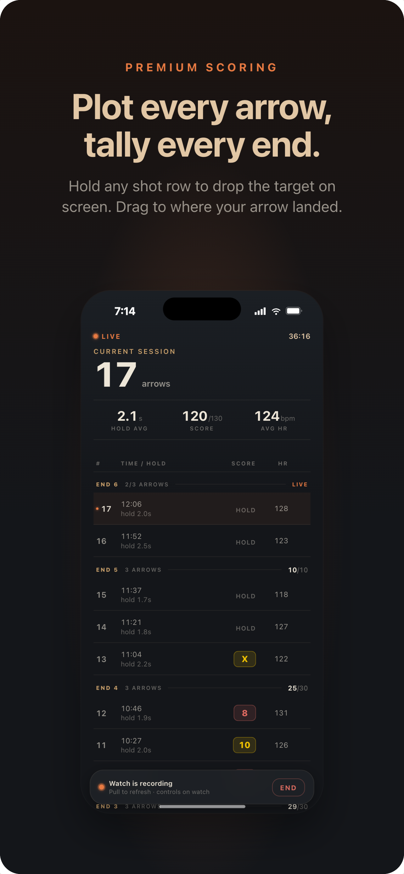 Live session screen on iPhone with per-end scoring