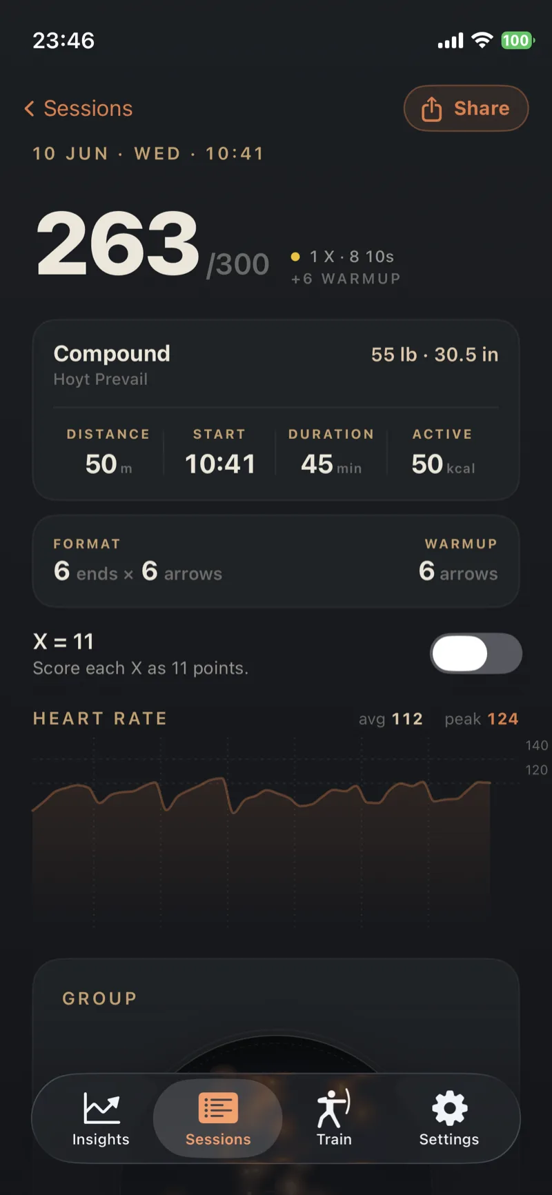 Session detail with per-arrow scores, heart rate and draw hold.