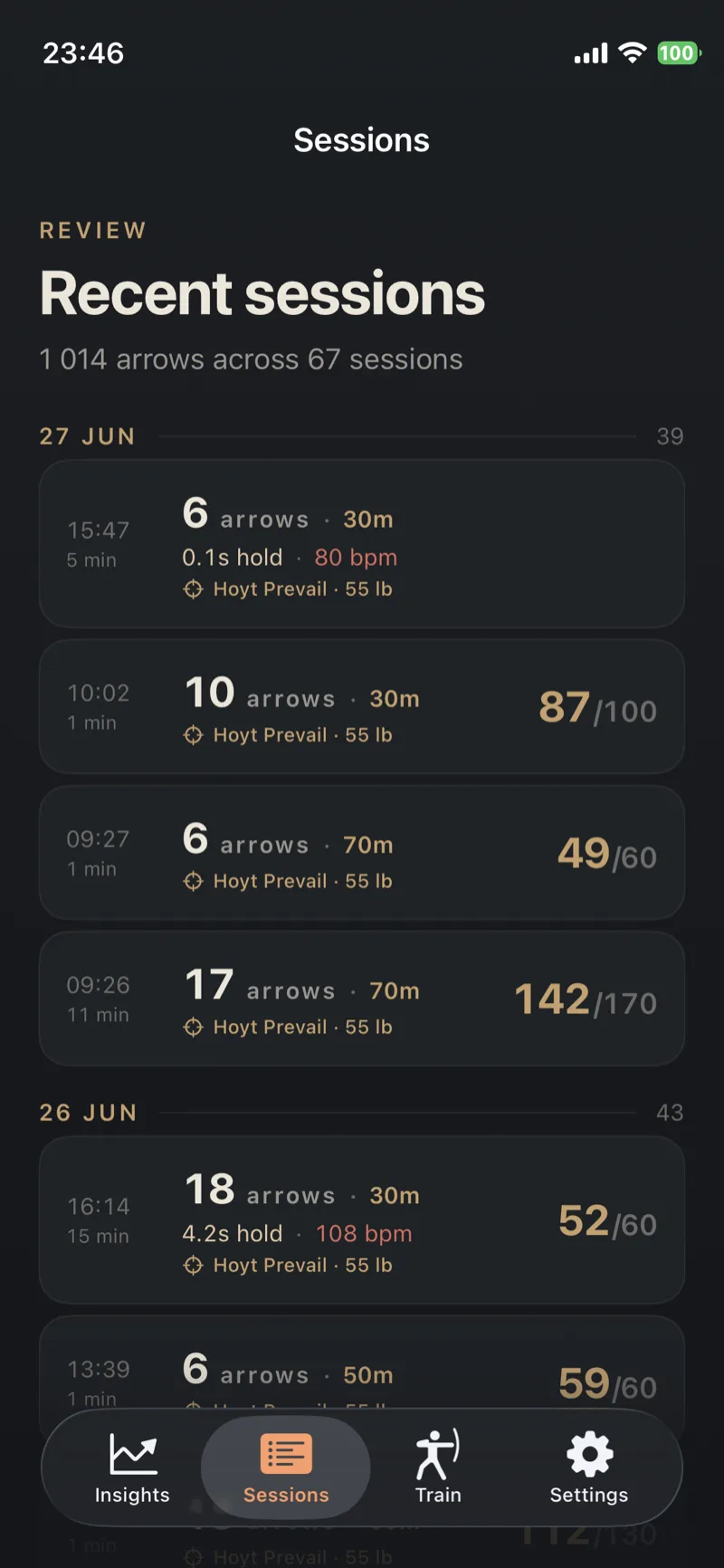 Recent sessions history with scores and the bow used.