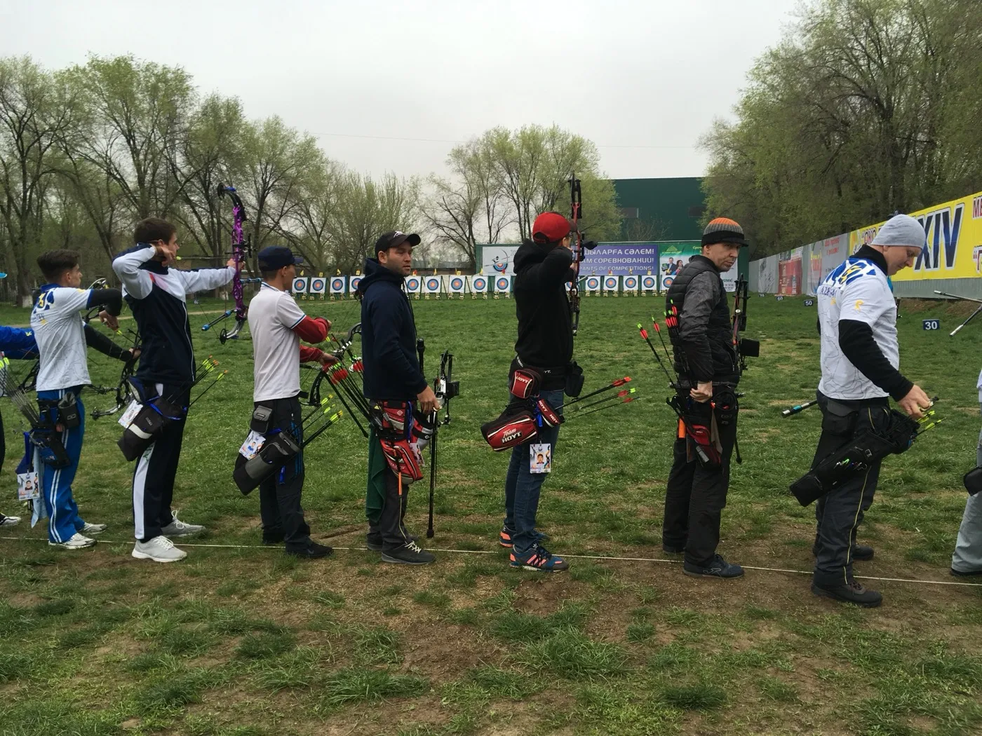 Lined up at an outdoor archery tournament in Kazakhstan, April 2018.