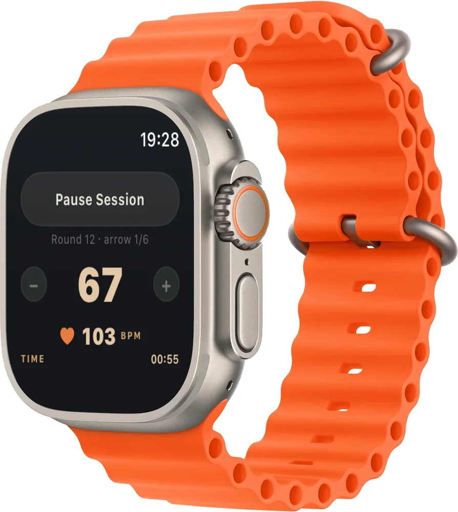 Arrow Tempo on Apple Watch Ultra counting arrows automatically — 67 arrows, round 12, heart rate 103 bpm.