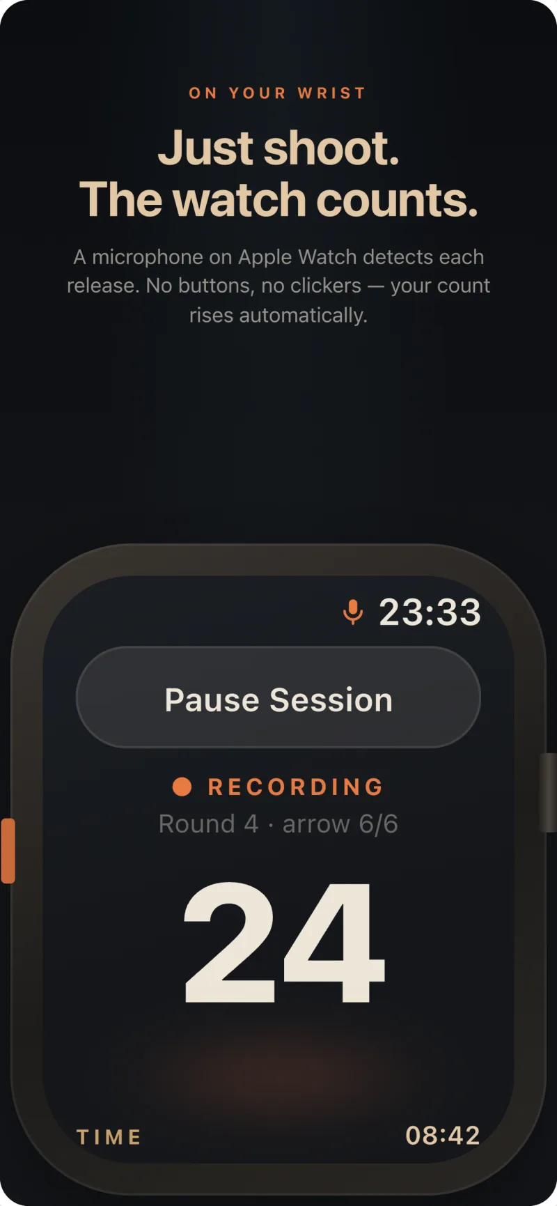 Arrow counts per round synced live from the Apple Watch to the Arrow Tempo iPhone app.