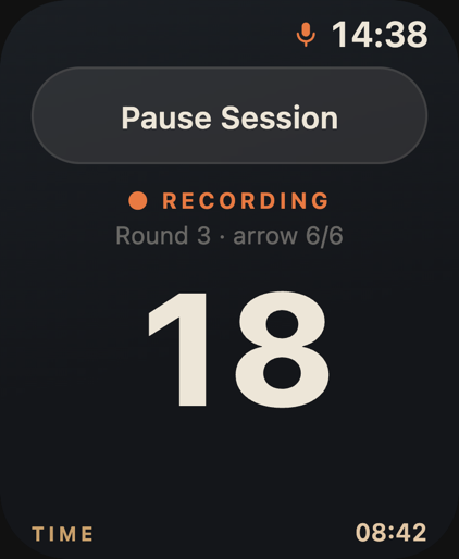ArrowTempo recording a session on Apple Watch — 18 arrows, Round 3, time 08:42