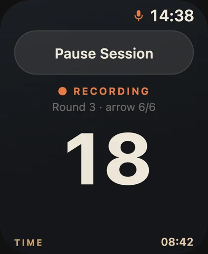 Arrow Tempo on Apple Watch counting arrows automatically during an archery session — 18 arrows, heart rate 124 bpm.